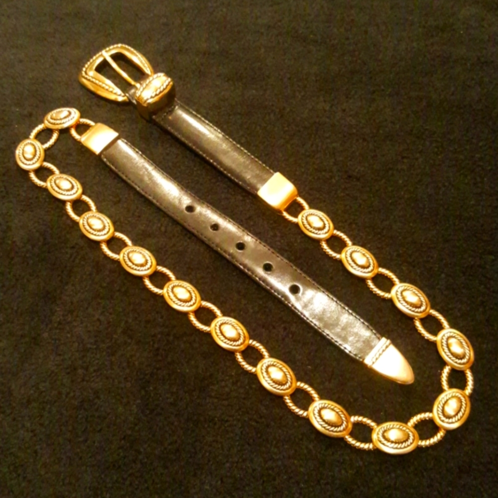 BRIGHTON ♡ Gorgeous Vintage Gold Oval Twist Linked Black Genuine Leather Belt M